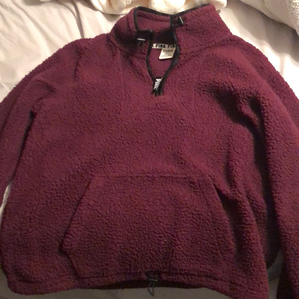 PINK Maroon Fluffy Pull Over Half ZIP
